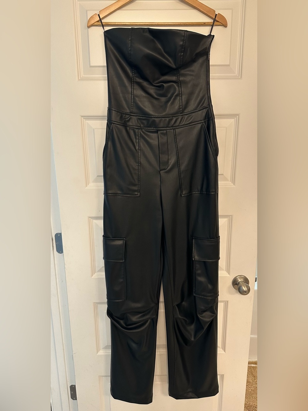 Zara Black Faux-Leather Strapless Cargo Jumpsuit